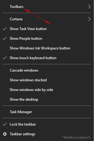 Right click Taskbar hover cursor Toolbars