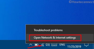 Right click menu of Network icon on taskbar