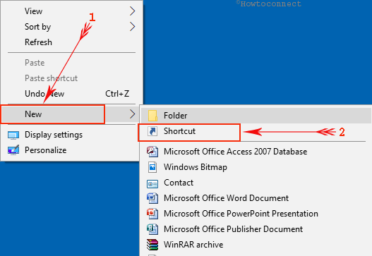 Right click on Desktop and choose New and then Shortcut from the extended menu