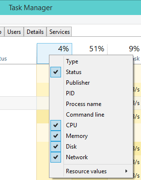 Right click on column which you want to remove in Task Manager