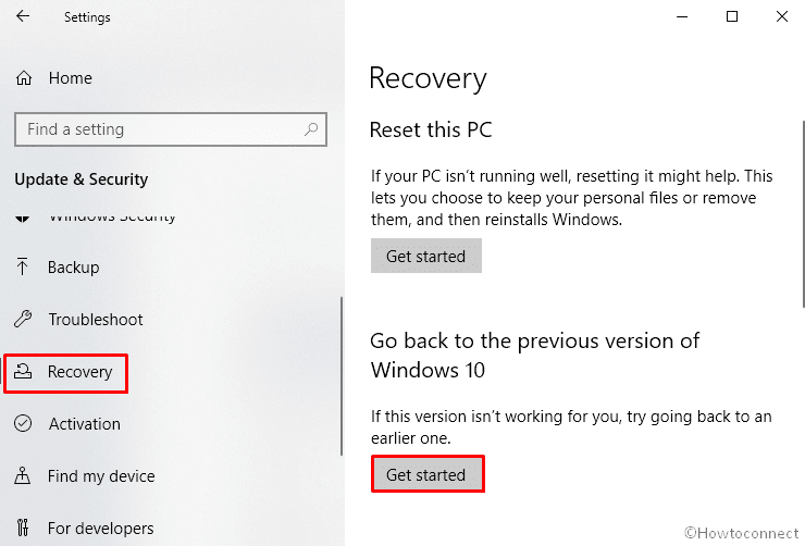 Rollback Windows 10 2009 using Recovery option
