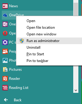 Run as administrator icon on right click context menu on onedrive option in start menu