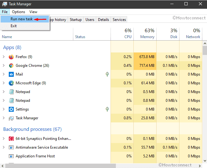Run new task on taskbar file menu