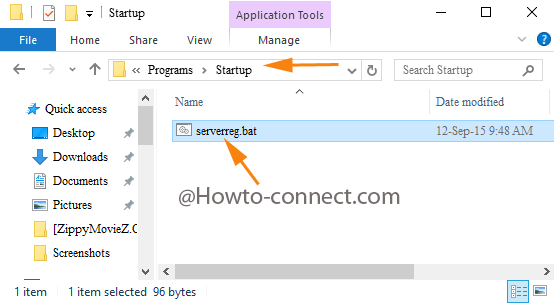 Save the serverreg.bat under the Startup folder