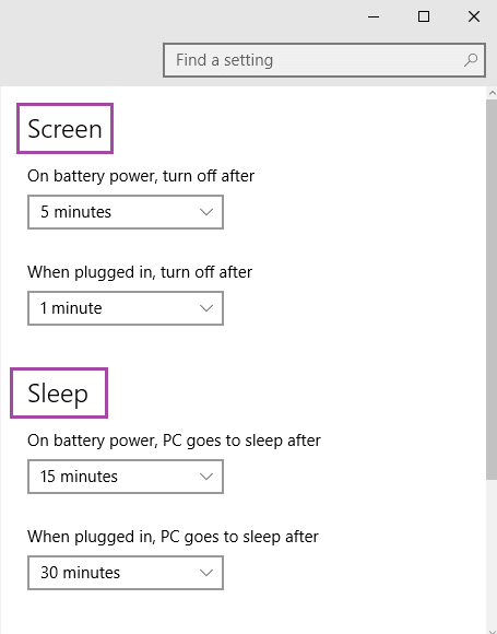 Screen and Sleep segments to set the timeout settings