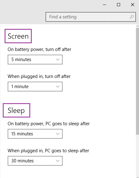 Screen and Sleep segments to set the timeout settings Screen and Sleep segments to set the timeout settings