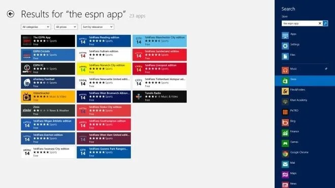 Search ESPN app on windows store
