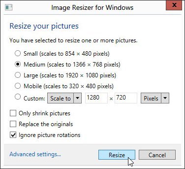 Select Resize option Select Resize option