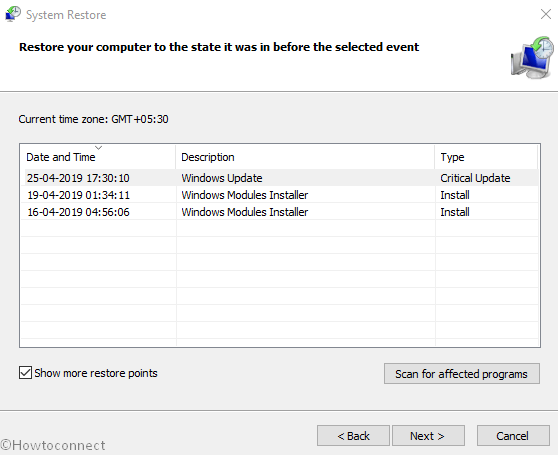 Select system restore point