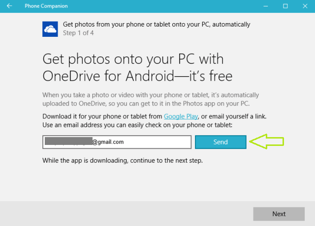 Send button to email yourself the link to download OneDrive app