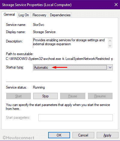 Set the startup type of Storage Service to Automatic