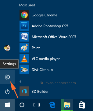Settings Option in Start Menu of Windows 10