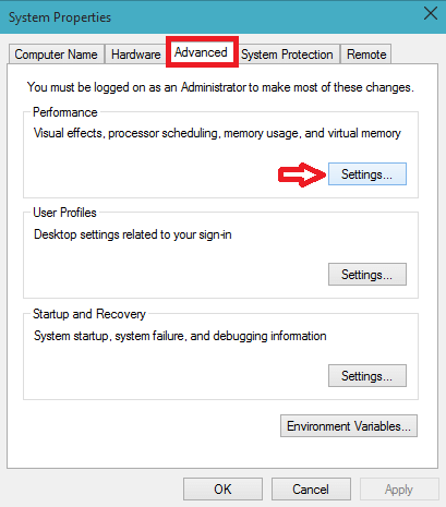 Settings button of Advanced tab of System Properties window