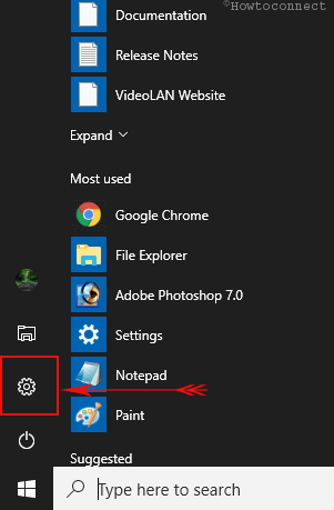 Settings gear icon in Windows 10 Start