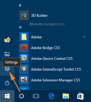 Settings gear icon in Windows 10 Start