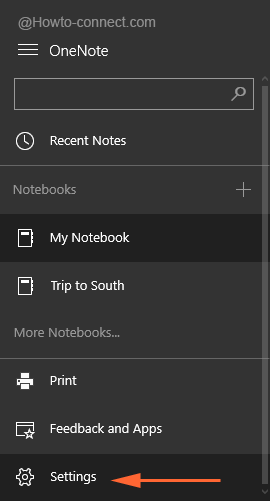 Settings of OneNote app in Windows 10