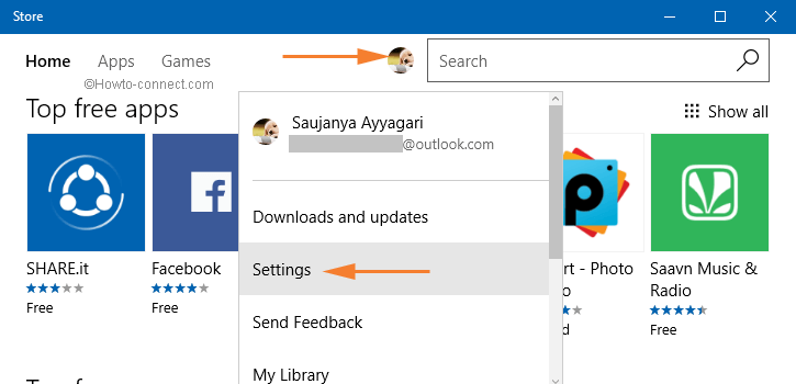 Settings option from user logo