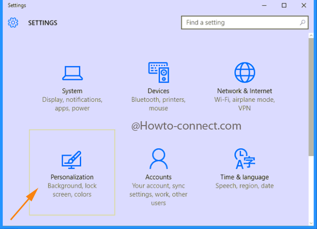 Settings program displays Personalization category in Windows 10