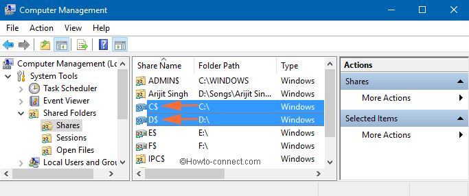 Shares Option in Shared Folders of Computer Management Window