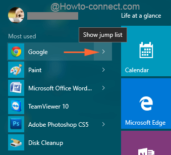 Show Jump Lists arrow of Google Chrome in Windows 10 Start Menu