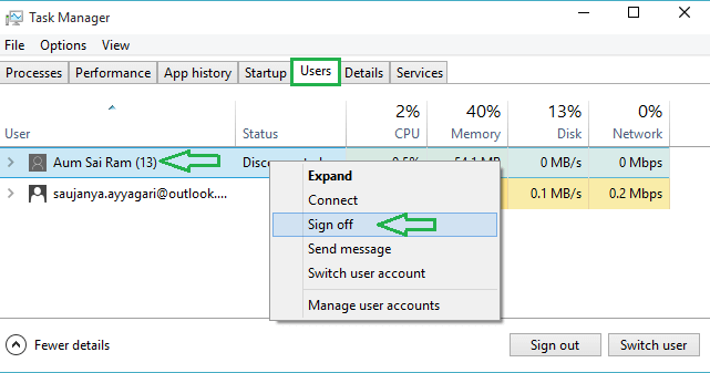 Sign out from Task Manager