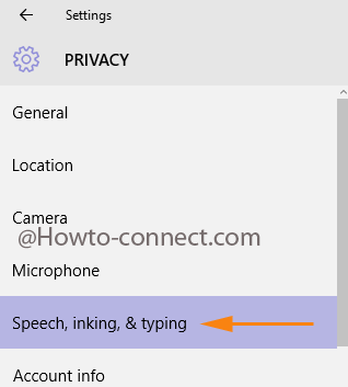 Speech, inking & typing segment under Privacy category in Windows 10