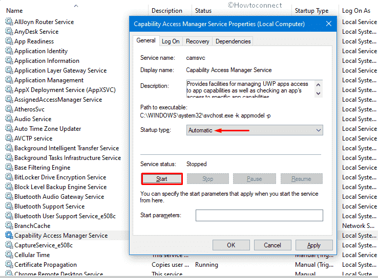Start Capability Access Manager (CamSvc)service