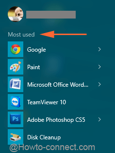 Start Menu displays Most used applications in Windows 10