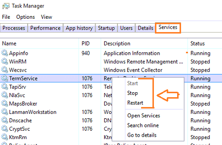 Manage Services in Windows 10 from Task Manager