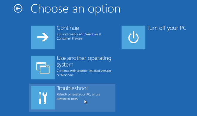 startup menu choose option in windows 8
