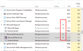 Suspended Status Icons in Task Manager on Windows 10