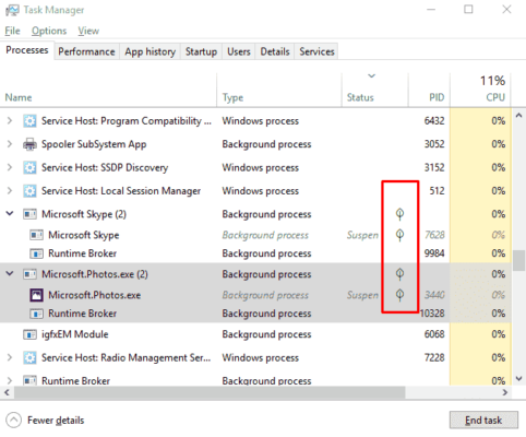 What Are Suspended Status Icons in Task Manager on Windows 10?