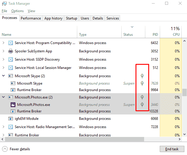 Suspended Status Icons in Task Manager on Windows 10