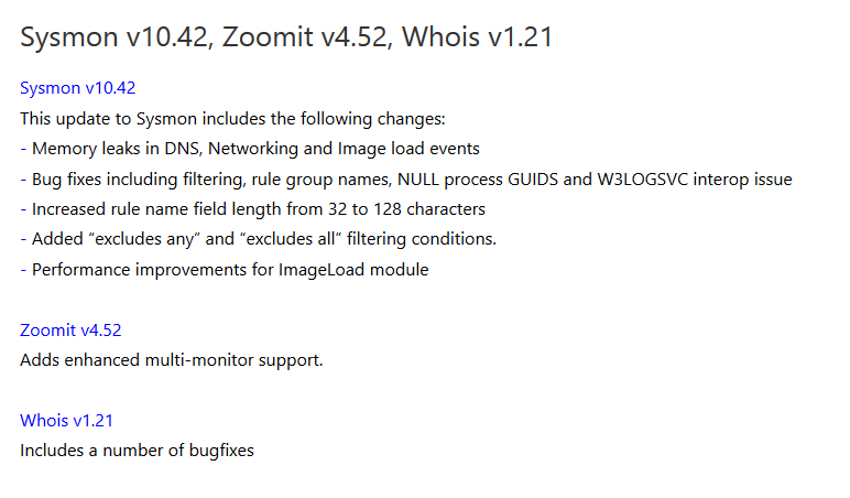Sysmon v10.42, Zoomit v4.52, Whois v1.21 - Sysinternals Update Dec. 2019