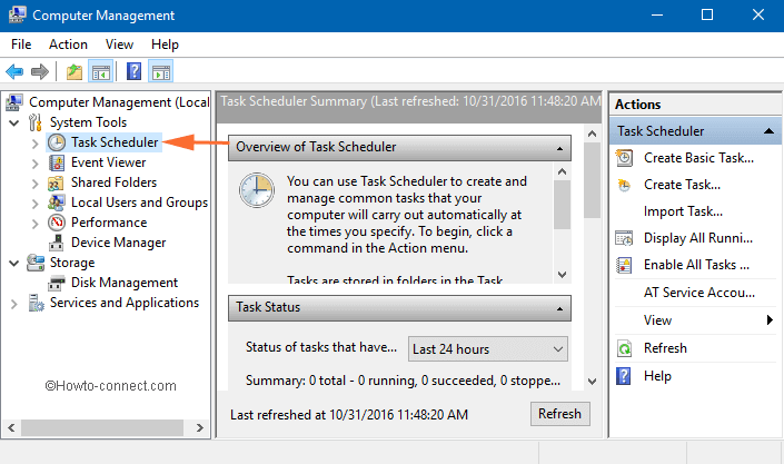 Task Scheduler Summary in Computer Management window