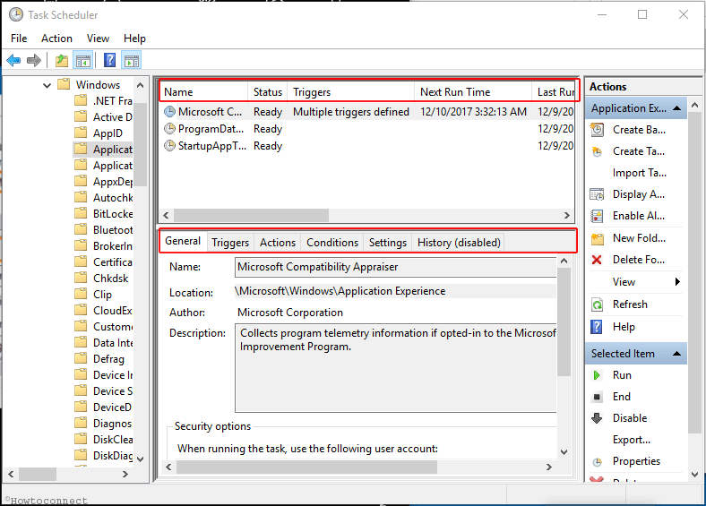 Task Scheduler six tabs general, trigger, actions, conditions, settings, history
