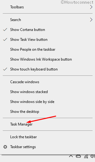 Task manager on right click menu of taskbar