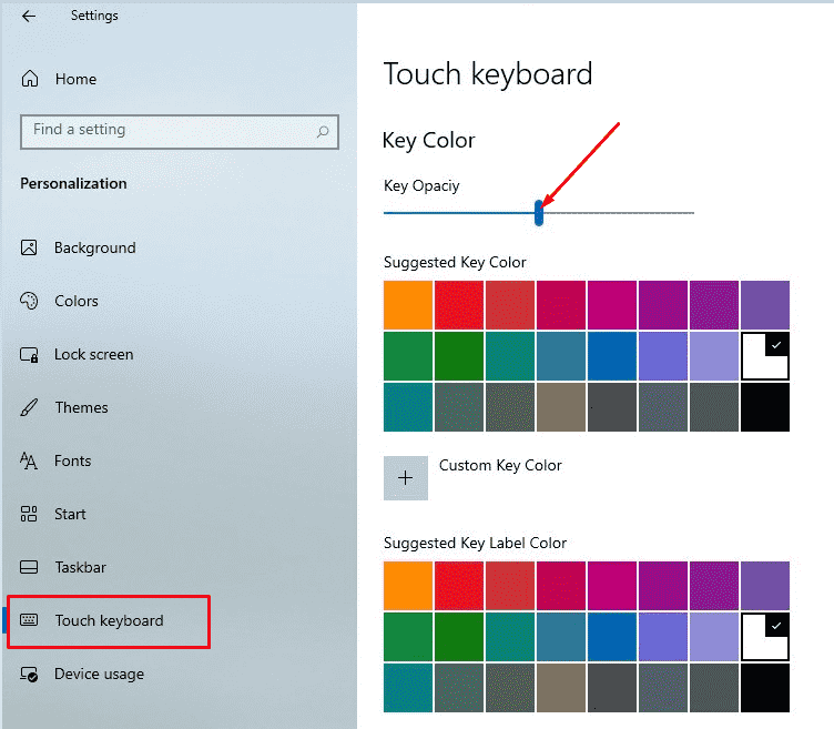 Touch keyboard key opacity