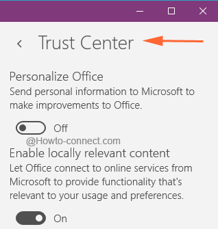 Trust Center settings of Windows 10 OneNote app