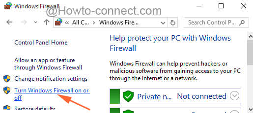Turn Windows Firewall on or off link from Control Panel in Windows 10
