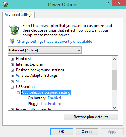 USB selective suspend setting in Power Options Window