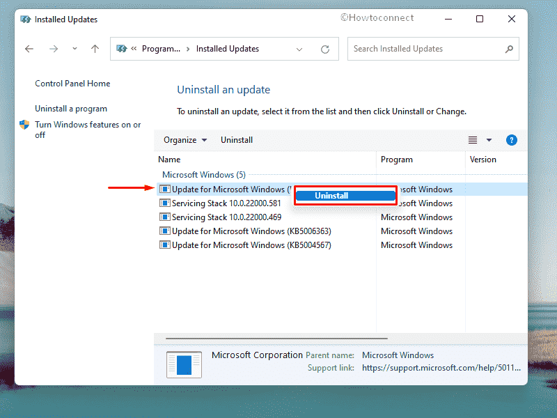 Uninstall Windows update