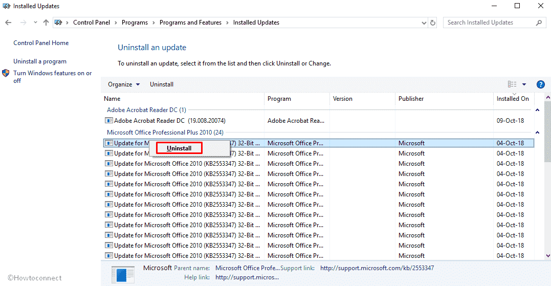 Uninstall windows update