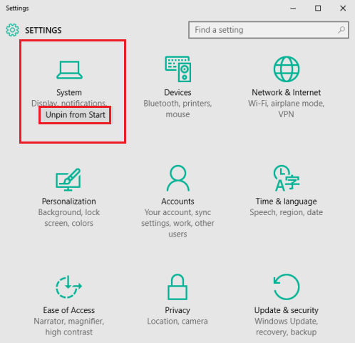 Unpin settings category from Start Unpin settings category from Start