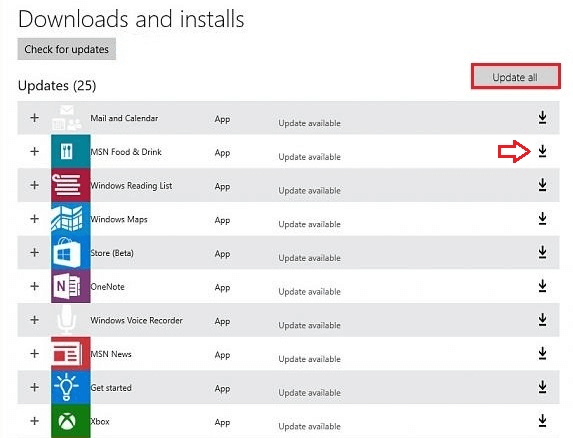Update all button and down arrow buttons to download the updates Update all button and down arrow buttons to download the updates