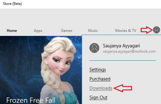 User Account logo and Downloads button in windows 10 store beta