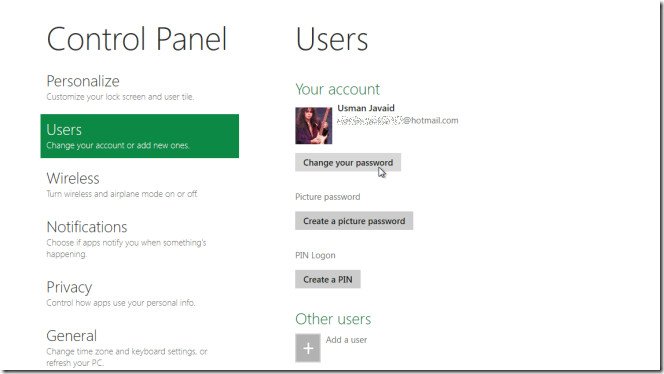 users option in windows 8 control panel