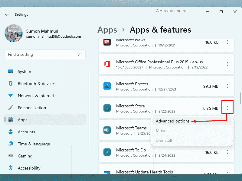 View Advanced options of Microsoft store