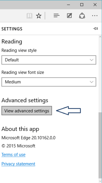 View advanced settings arrived under Settings option in Edge