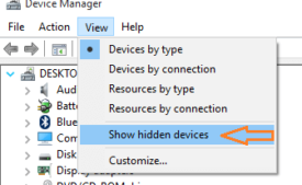 View tab lists Show hidden devices option